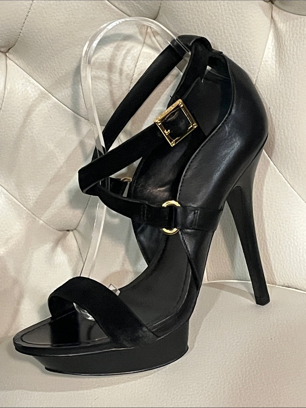 Tory Burch Black Leather Suede High Heel Platform Sandals Gold Hardware Size 8.5